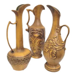 Set of 3 Royal Haeger Ewer Vases, Gold Ceramic Pottery Pitcher Set, Mid Century Old World Mantel Decor For Sale