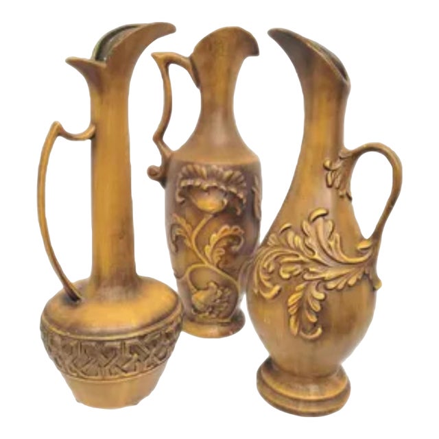 Set of 3 Royal Haeger Ewer Vases, Gold Ceramic Pottery Pitcher Set, Mid Century Old World Mantel Decor For Sale