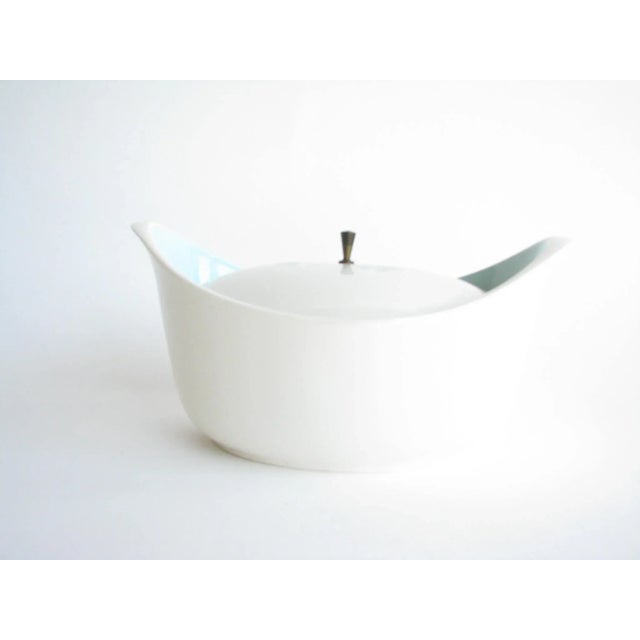 Vintage Taylor Smith & Taylor Boutonniere ceramic lidded serving dish with inset lid and brass finial handle. Dimensions:...