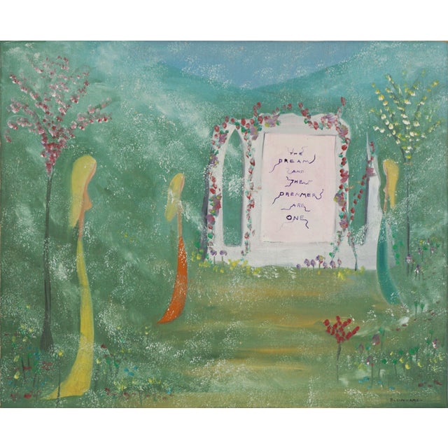 Symbolic and surreal landscape with three women in a mystical garden setting walking toward a plaque "The dream and the...