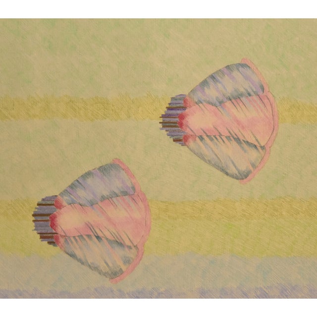 Unique colored pencil drawing, featuring four scalloped shapes floating in a field of blue and green. Signed lower right...