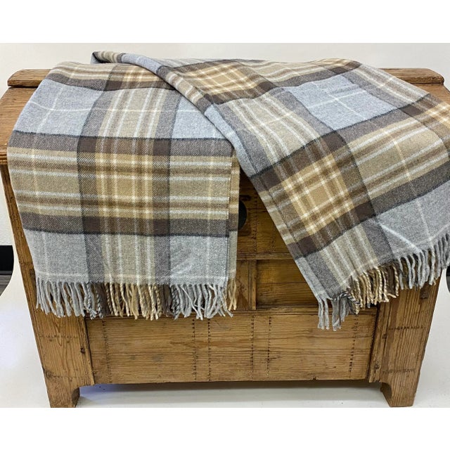 Textile Super Soft Merino Lambswool Throw in a Classic Tan and Gray Plaid Pattern -Made in England For Sale - Image 7 of 11