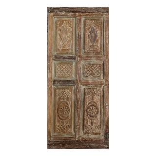Antique Distressed Green Carved Wood Door – Rustic Hinged or Barn Door For Sale