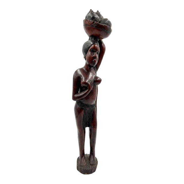 Vintage Mid-Century Hand-Carved African Mahogany Female Figure With Harvest Basket For Sale
