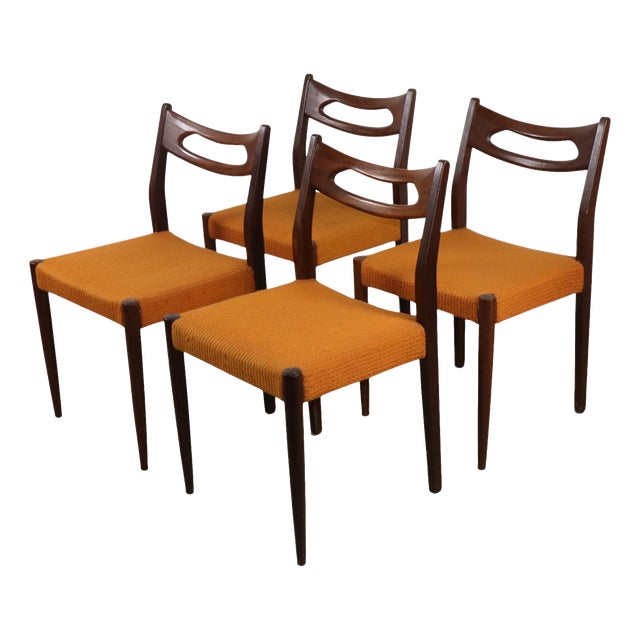 Vintage Teak and Orange Wool Chairs, 1960s, Set of 4 For Sale