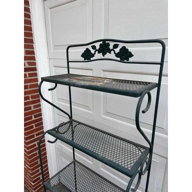Mid to Late 20th Century Wrought Iron Metal Mesh Green Garden Bakers Racks Shelves, A Pair For Sale - Image 4 of 10