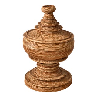 Vintage Bohemian Chic Wicker & Cane Handmade Decorative Lidded Snake Basket 1970 For Sale