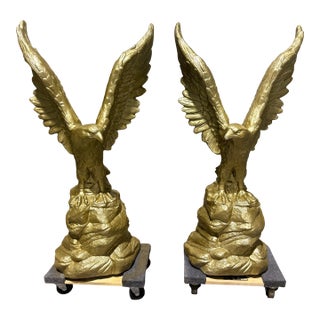 Mirrored Pair Monumental Concrete Eagle Statues W/ Rolling Plinth Bases 4ft+ For Sale