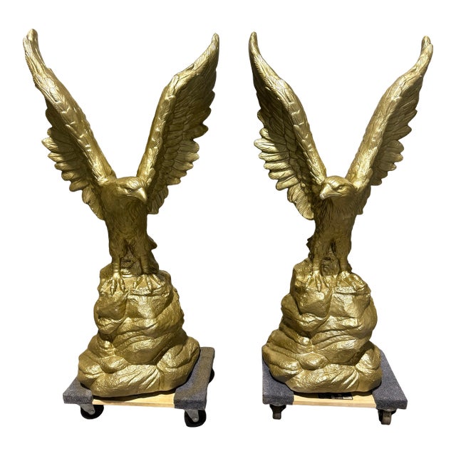 Mirrored Pair Monumental Concrete Eagle Statues W/ Rolling Plinth Bases 4ft+ For Sale