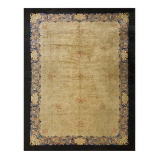1920s Beige Open Field Floral Antique Chinese Peking Knotted Wool Room Size Rug For Sale