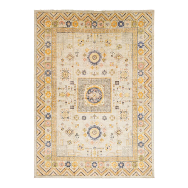 Modern Khotan Style Hand-Knotted Wool Rug Neutral & Ochre Transitional 10x14 For Sale