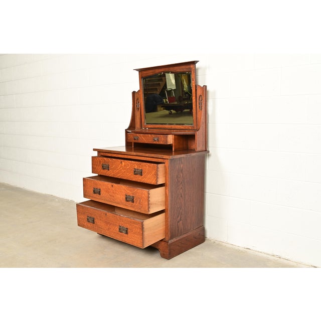 Liberty & Co. Antique English Mission Oak Arts & Crafts Vanity Dresser With Mirror, Circa 1900 For Sale In South Bend - Image 6 of 13