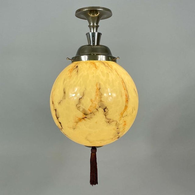 Art Deco Opaline Glass and Nickel Ball Flush Mount with Tassel, Germany, 1930s For Sale - Image 4 of 18