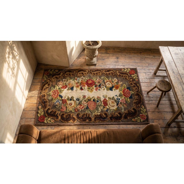 1890s Brown Roses Folk Art Antique American Hooked Rug 1'8" X 3'4" Knotted Wool Carpet For Sale - Image 11 of 13