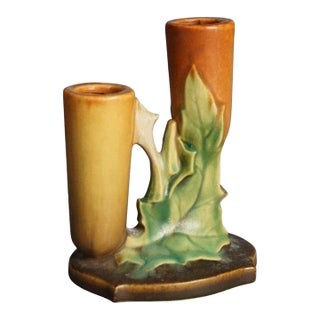 Roseville Art Pottery Brown Double Bud Vase With Thornapple Pattern C1937 For Sale