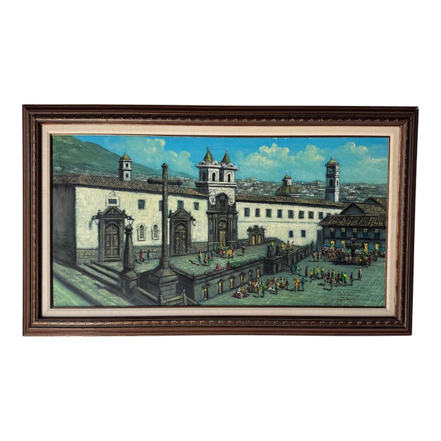 1980’s Jorge Guarderas “San Francisco, Quito Ecuador” Landscape Oil on Canvas Painting, Framed For Sale