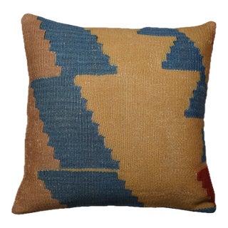 Mustard & Blue Geometric Kilim Pillow – 16x16 Vintage Handwoven For Sale