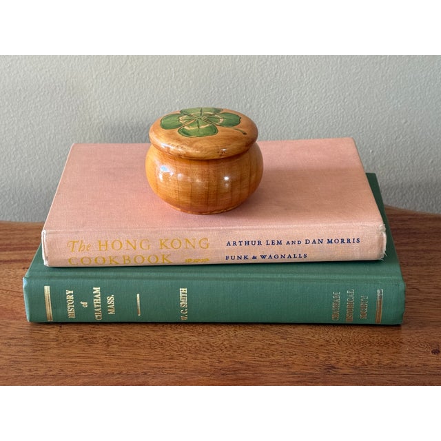 Charming small round wooden box with a hand-painted four leaf clover. Bottom is marked by marker, Buteo Inspirations,...