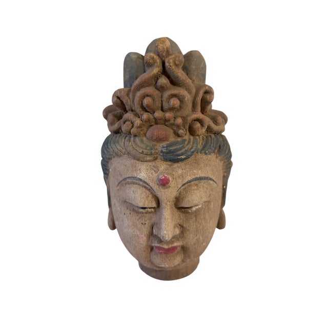 This impressive vintage Asian hand-carved wood Guanine Head features a serene face and stands 9" H . It shows minor wear...