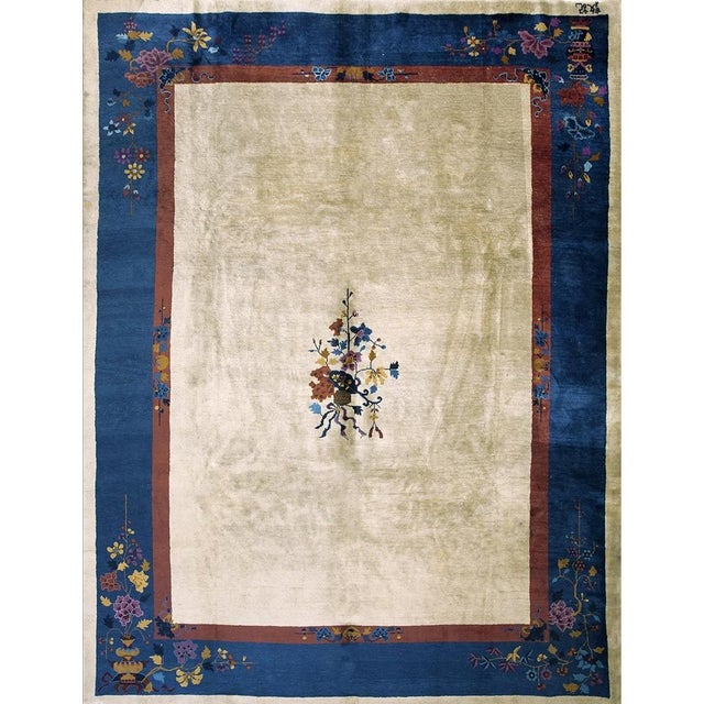 Beige 1920s Beige Floral Antique Chinese Art Deco Carpet 9'' X 11'8'' Knotted Wool Rug For Sale - Image 8 of 9