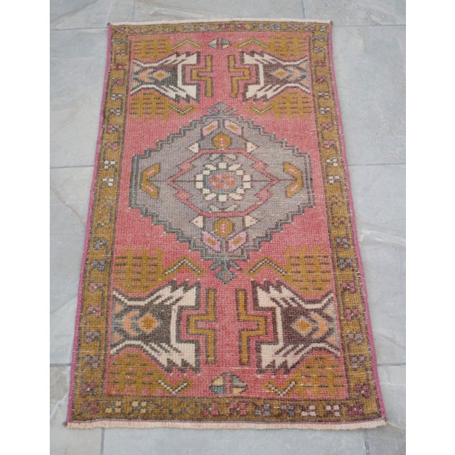 Vintage Small Rug Hand Made DoorMat Turkish Rug Enrty Decor Bath Mat- 1′ 8″ × 2′ 11″ For Sale - Image 14 of 14