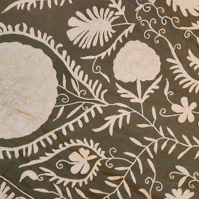 Hollywood Regency Oilve Green and Cream Suzani Bed Cover For Sale - Image 3 of 6