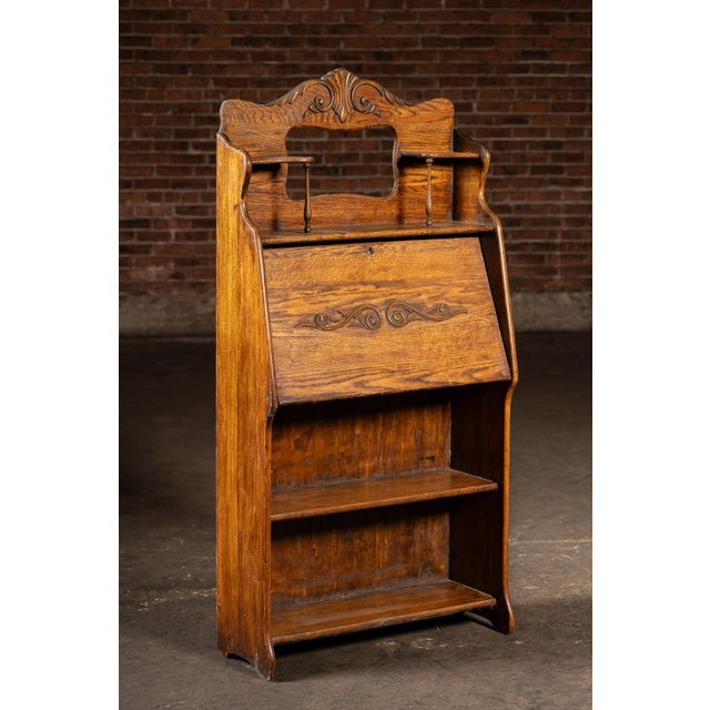 American Early 20th Century Oak Drop-Front Secretary Desk For Sale - Image 3 of 10