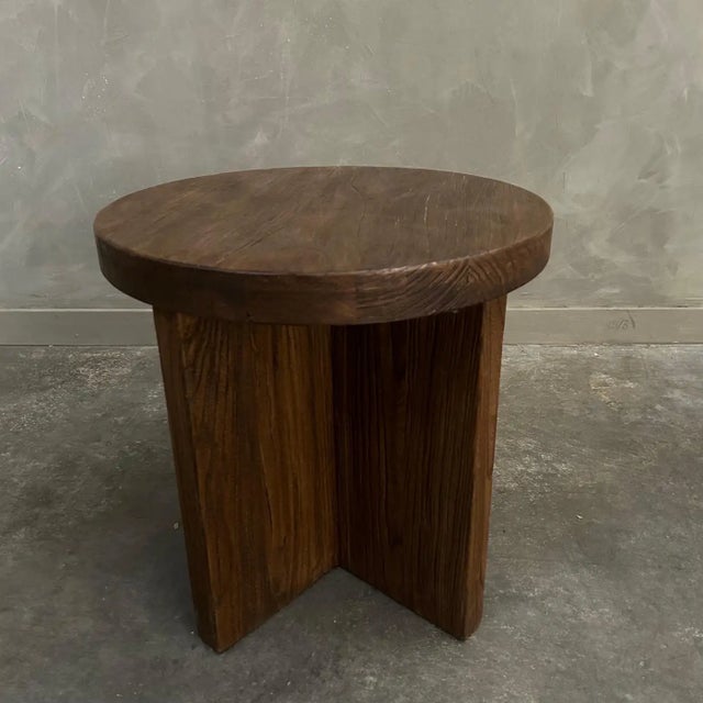 Custom Made Reclaimed Elm Wood Side Table With X Base For Sale In Los Angeles - Image 6 of 12