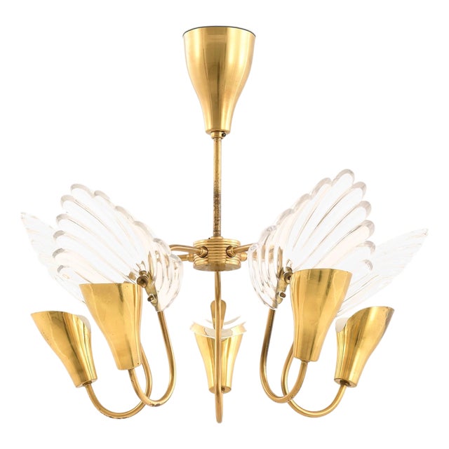 Ceiling Lamp with Five Gracefully Curved Brass Arms attributed to Carl Fagerlund, 1950s For Sale