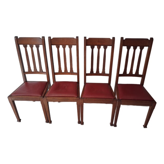 Set of 4 Original Arts and Crafts Oak Dining Chairs - Timeless Craftsmanship. For Sale
