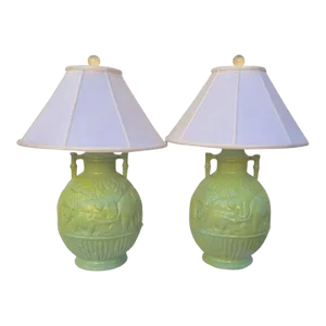 Customized Vintage Pale Green Yellow Elephant Faux Bamboo Large Regency Table Lamps- a Pair