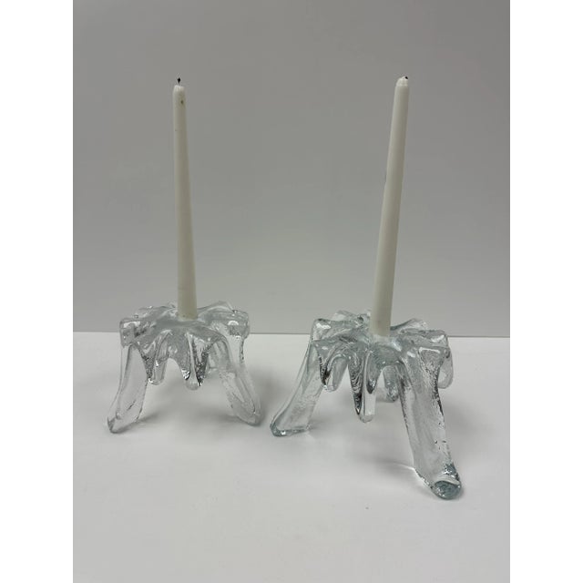 Pair of Early 21st Century Clear Blenko Glass Candlesticks in Icy Tripod Style For Sale - Image 9 of 11