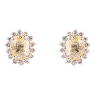 2.04 Carat Yellow Sapphire & Diamond Vintage Halo Stud Earrings in 14k Gold- 2 Pieces For Sale