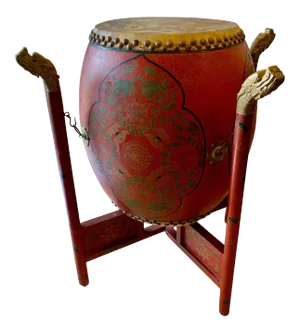 Chinese Qing Dynasty Lacquer, Wood & Leather Double Sided Drum with Stand & Drum Sticks