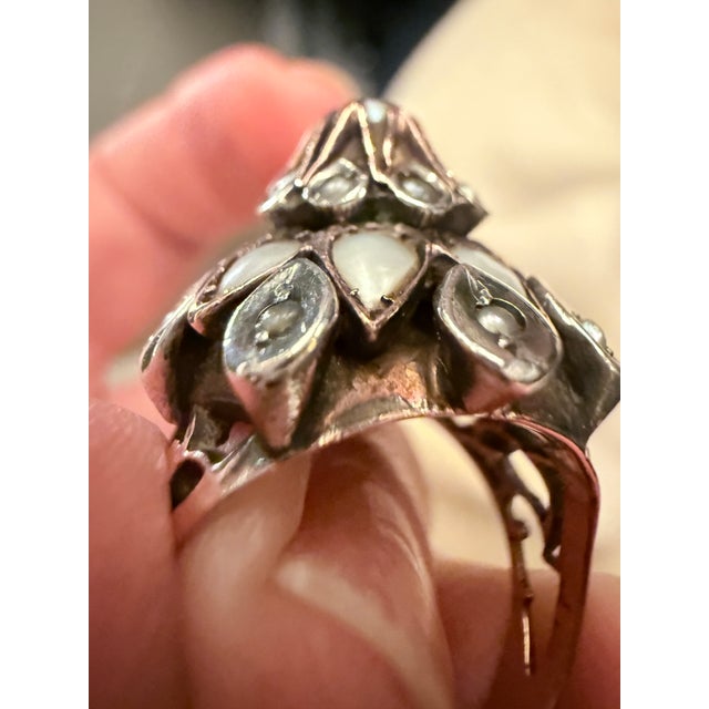19th-Century Gold, Silver, Mother-of-Pearl and Seed Pearl Dome Ring, Size 5.25 For Sale - Image 12 of 13