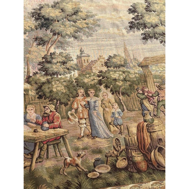 French Aubusson Style Jacquard Tapestry with Villagers Celebration Decor, 1980s For Sale - Image 4 of 18