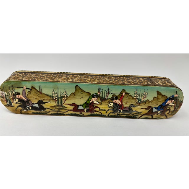 Khatam Marquetry Qalamdan Pen Box With Hand-Painted Equestrian Miniature 1940s For Sale - Image 11 of 13