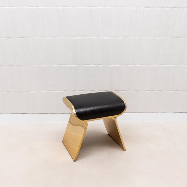 Metal Leather Upholstered Stool With Polished Brass Legs by Kifu Paris For Sale - Image 7 of 8