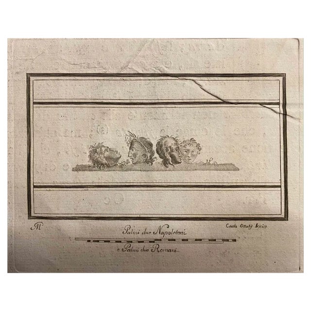 Carlo Oraty, Pompeian Style Tragedy Masks, Etching, 18th Century For Sale