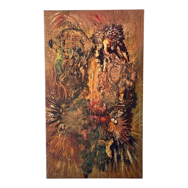 Vintage Signed Brutalist Abstract Oil Painting on Faux Ostrich Canvas, 1970s For Sale