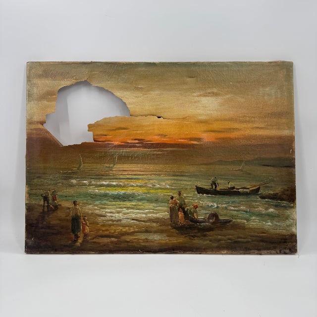 Antique Italian Coastal Village Fishermen Oil Painting – Salvaged Canvas Fragment For Sale - Image 11 of 12