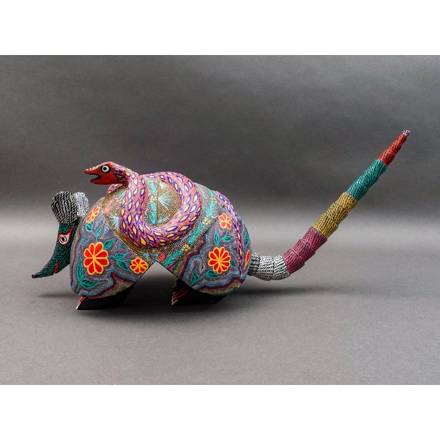 Oaxacan Wood Carved Painted Armadillo Snake Alebrije Mexican Art Sculpture. Measures approximately 21 1/2" long, 6 7/8"...