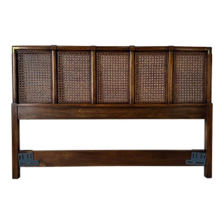 Vintage Drexel Furniture Accolade Cane Campaign Queen Headboard With Brass Corners For Sale