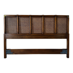 Vintage Drexel Furniture Accolade Cane Campaign Queen Headboard With Brass Corners