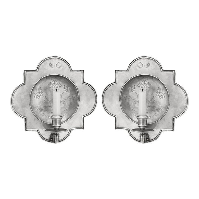 Match Quatrefoil Polished Pewter Wall Sconces - A Pair For Sale