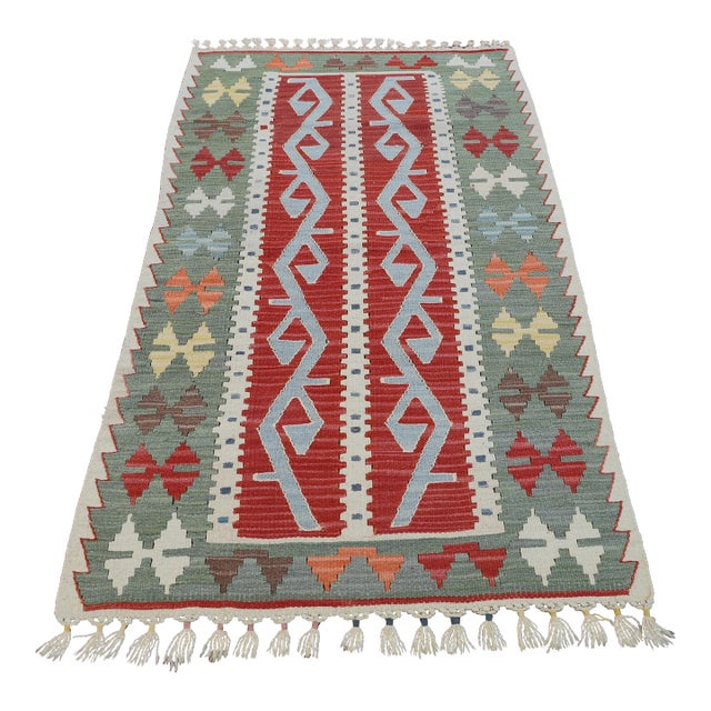 1970s Tribal Green Hand Knotted Natural Kilim Rug For Sale