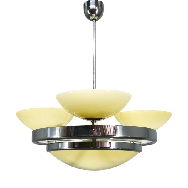 Czech Art Deco Opaline Glass Chandelier, 1940s For Sale