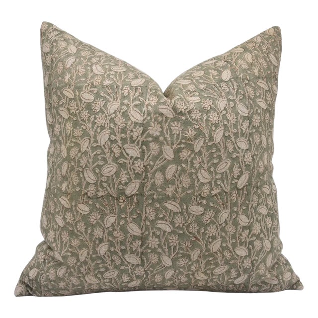 Throw Pillow Cover Designer Collection of Hand Block Printed Thick Linen 26x26 Inch- Pista For Sale