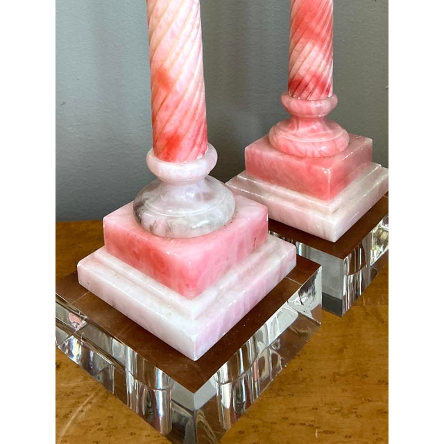 Vintage Pink Marble Carved Column Lamps - A Pair For Sale - Image 9 of 12