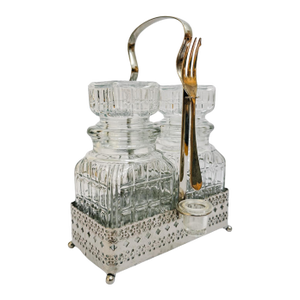Antique English Silver Plated & Cut Glass Pickle Jars Pair in Original Caddy With Fork